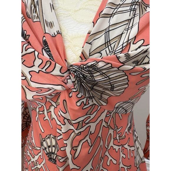 Boston Proper Coral Beach Seashell Print 3/4 Sleeves V-Neck Ruched Top Size 5 - Picture 13 of 14